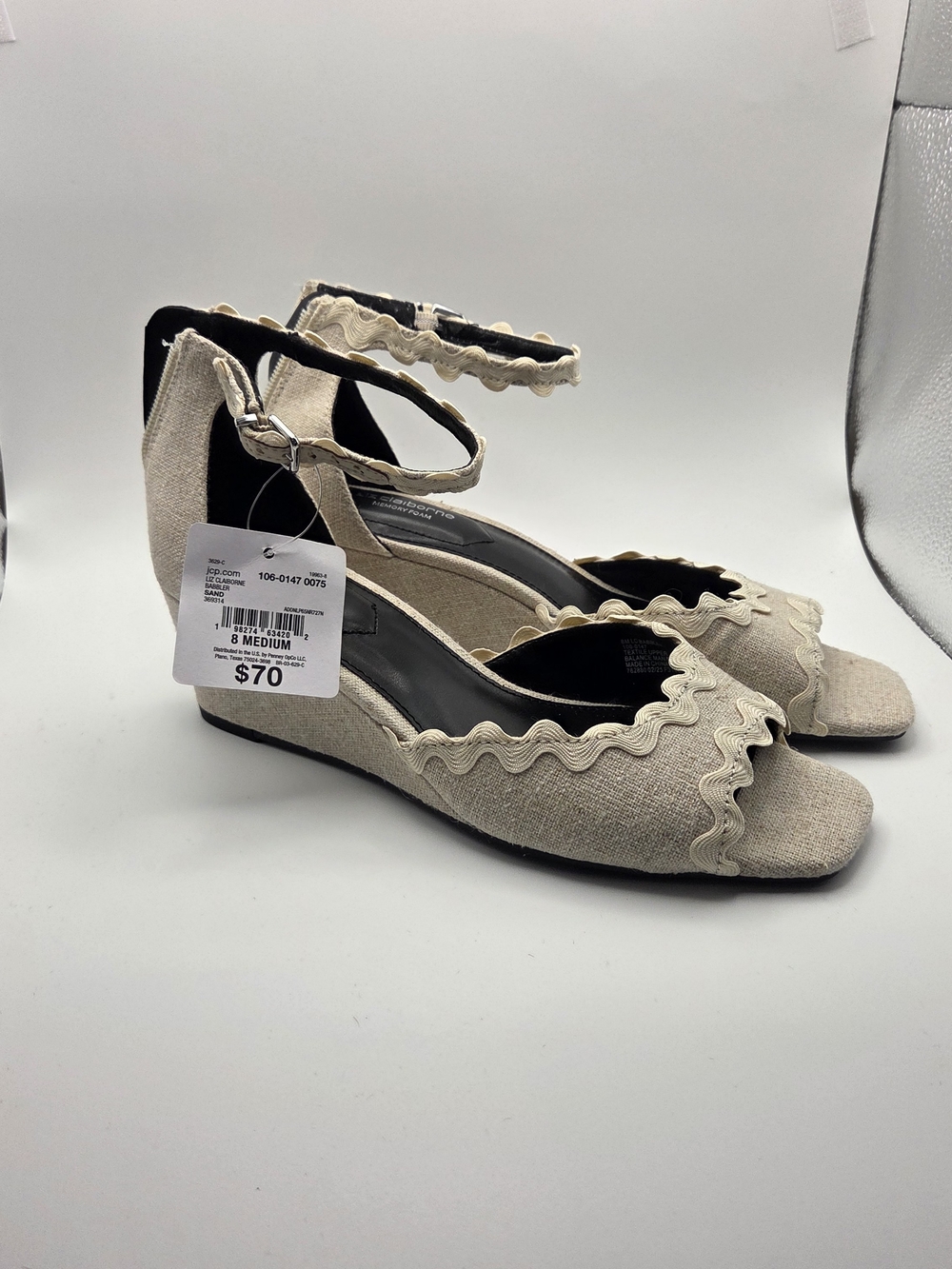 Liz Claiborne Ankle-Strap Wedge Sandals in Beige with Scalloped Trim